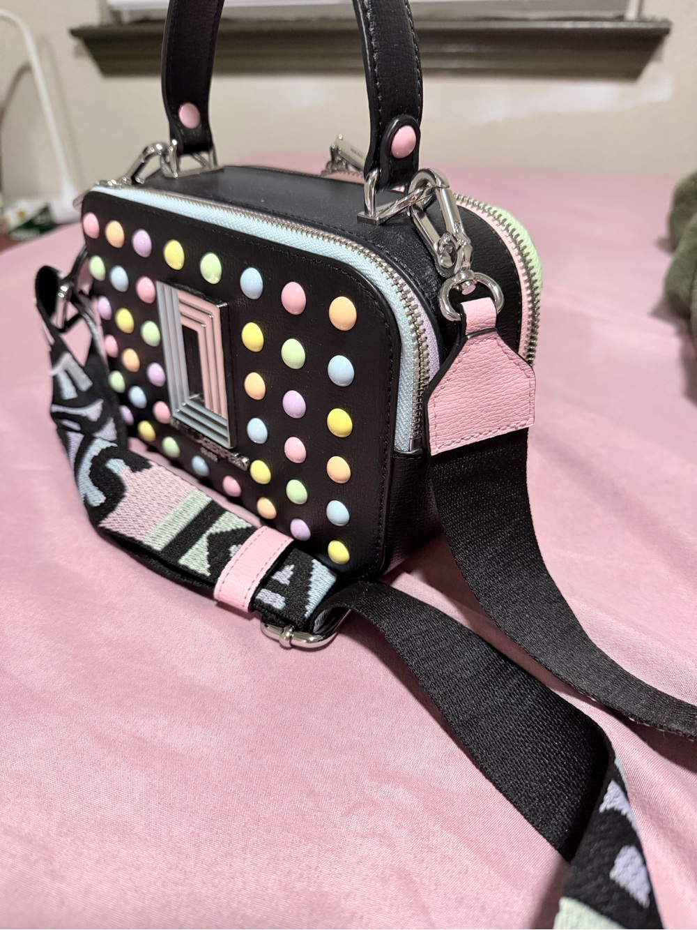 Karl Lagerfeld Black Studded Crossbody Bag with Pastel Dots - Picture 2 of 2
